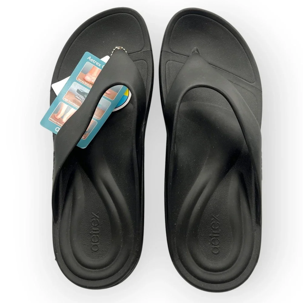 Aetrex Maui Men 14 Black Orthotic Flip Flops Arch Support Water Friendly Sandals